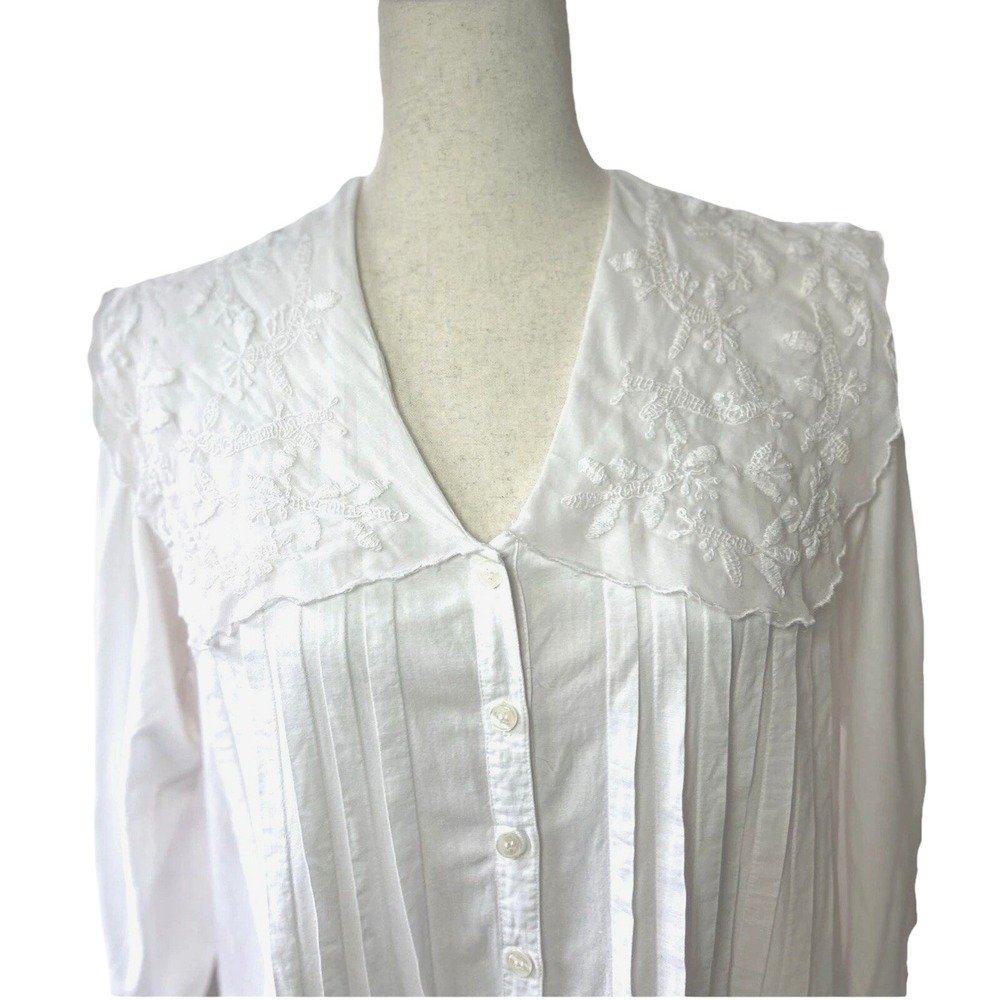 White Cotton Nightgown Dress Lace Yoke Sailor Collar Small 90s Primitive Cottage